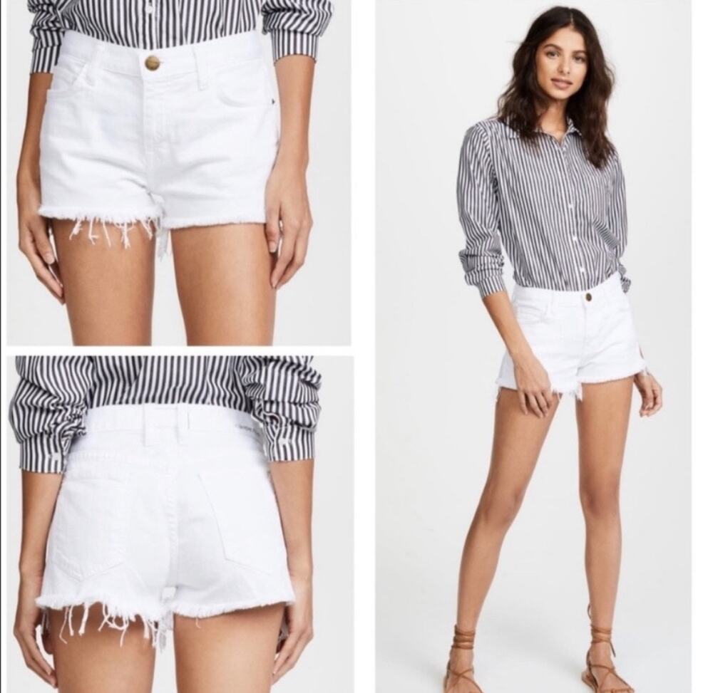 Current/Elliott White Boyfriend Denim Shorts Sz 28 High Rise Button Fly Raw Hem